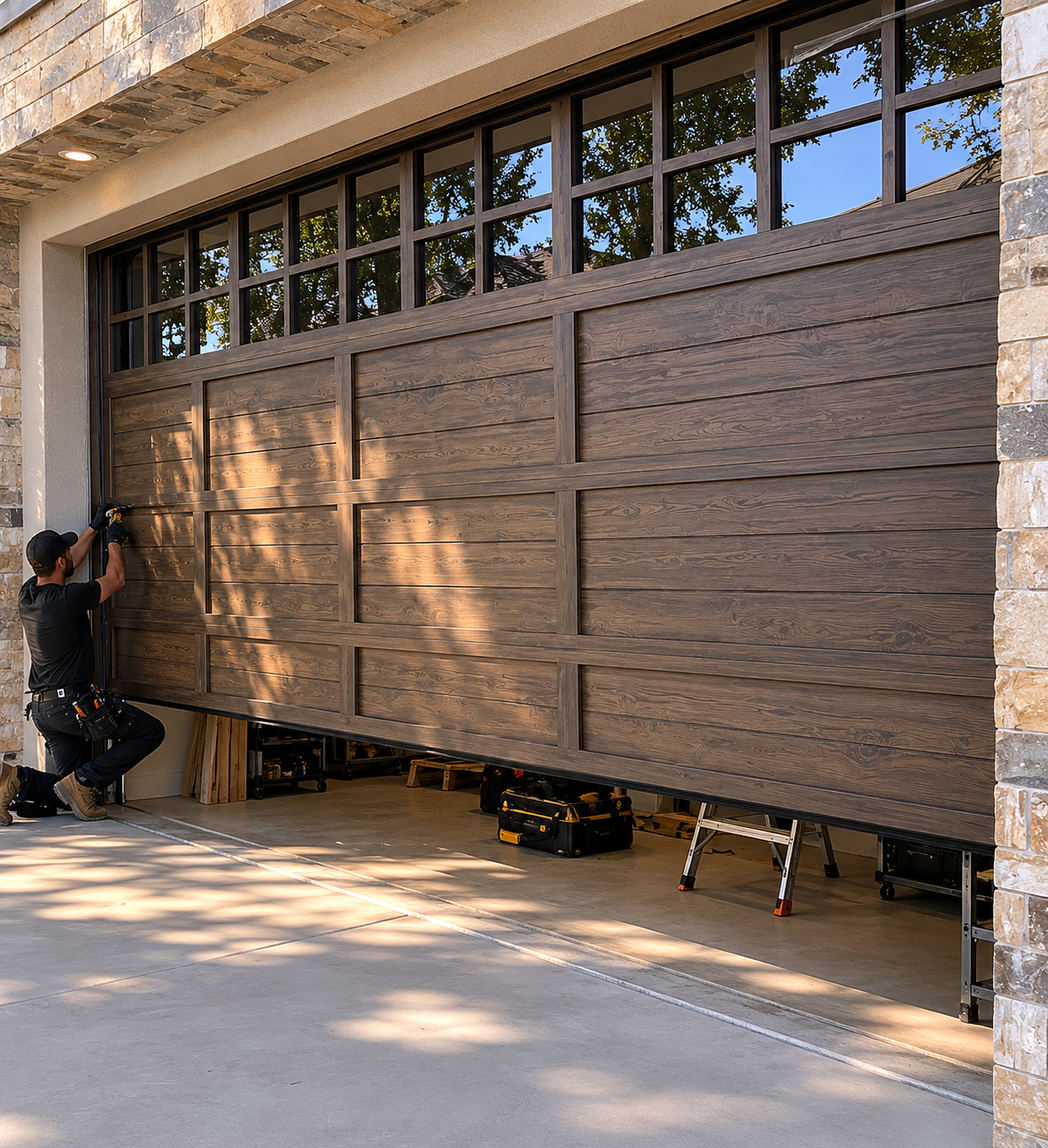 Faux-wood carriage garage door on a Temescal Craftsman home in Oakland